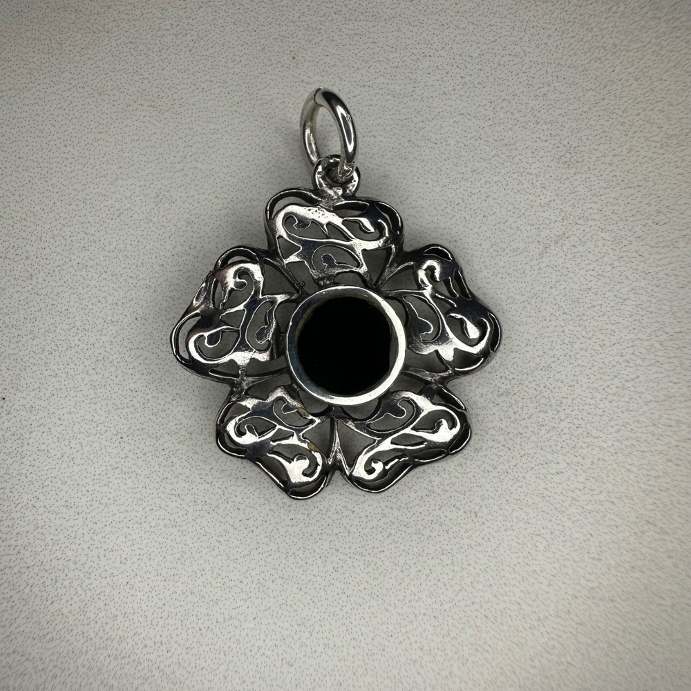 Sterling Silver Black Enamel Flower Pendant Necklace Charm Elegant Filigree